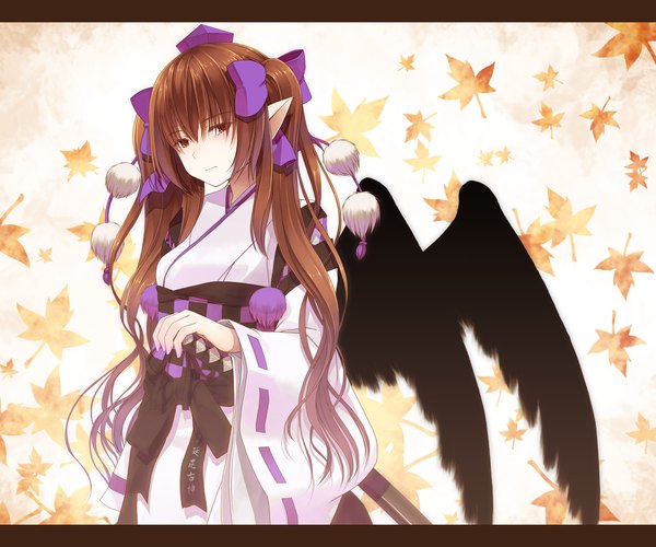 Anime picture 1500x1250 with touhou himekaidou hatate crote single long hair looking at viewer brown hair twintails brown eyes pointy ears kourindou tengu costume girl dress bow hair bow wings leaf (leaves) maple leaf