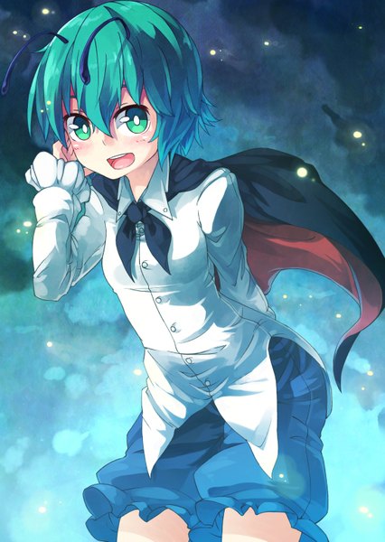 Anime picture 1100x1550 with touhou wriggle nightbug ibuki notsu single tall image looking at viewer blush short hair open mouth green eyes green hair girl shorts cape fireflies