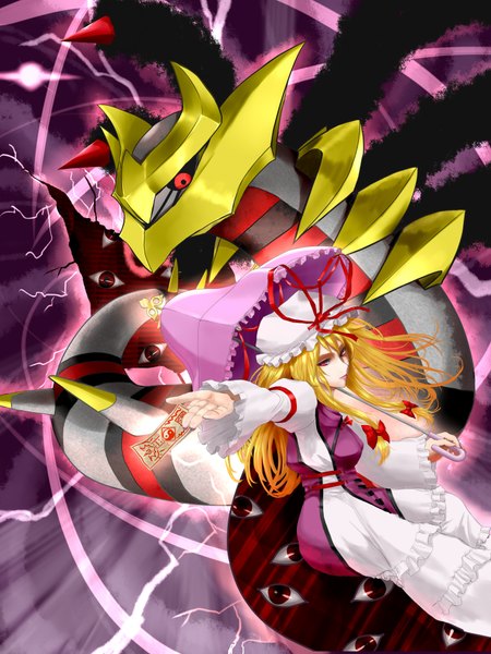 Anime picture 1440x1920 with pokemon touhou nintendo yakumo yukari giratina saty-rokuji (artist) long hair tall image blonde hair red eyes eyes gen 4 pokemon girl dress umbrella bonnet pokemon (creature)