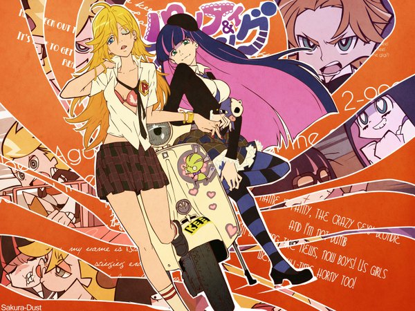 Anime picture 1600x1200 with panty & stocking with garterbelt anarchy stocking anarchy panty rock briefers long hair open mouth light erotic blonde hair multiple girls purple hair one eye closed multicolored hair wink open clothes open shirt colored inner hair girl thighhighs skirt 2 girls