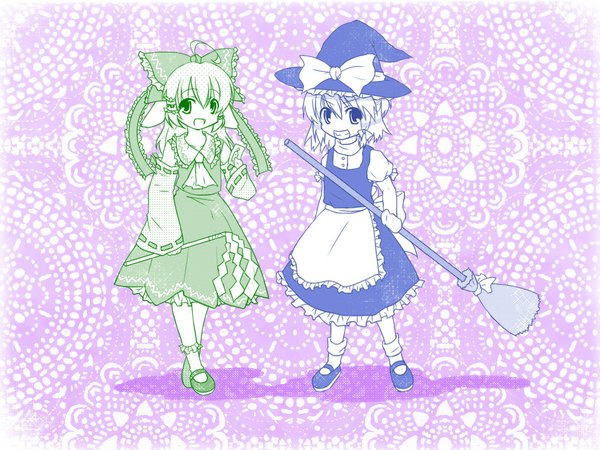 Anime picture 1024x768 with touhou trickster hakurei reimu kirisame marisa cat (trickster) bunny (trickster) open mouth standing multiple girls japanese clothes wallpaper grin miko cosplay alternate color hakurei reimu (cosplay) kirisame marisa (cosplay) girl dress bow