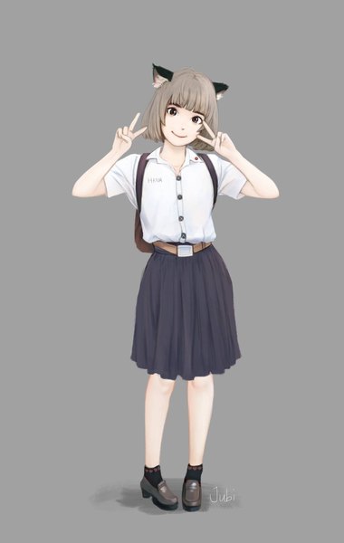 Anime picture 1299x2048 with original hana (jubi) jubi (regiana) single tall image looking at viewer fringe short hair simple background smile brown hair standing brown eyes signed animal ears full body blunt bangs pleated skirt cat ears grey background