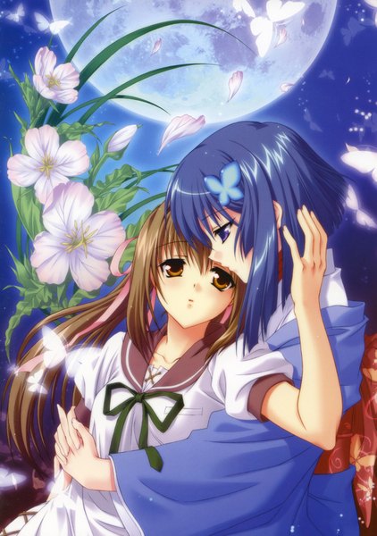 Anime picture 2447x3479 with akai ito hatou kei yumei yasaka minato long hair tall image blush highres short hair open mouth brown hair purple eyes twintails multiple girls brown eyes payot blue hair traditional clothes japanese clothes profile