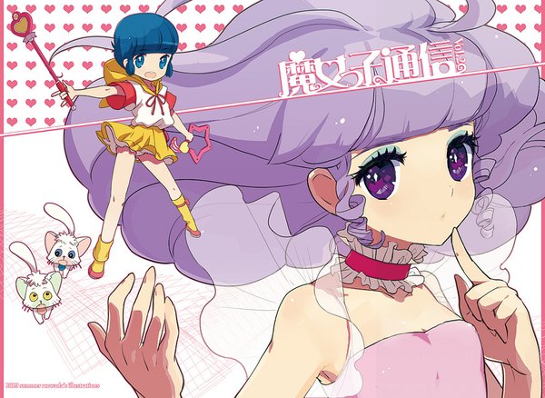 Anime picture 1000x731 with mahou no tenshi creamy mami morisawa yuu creamy mami wada arco looking at viewer fringe short hair open mouth blue eyes purple eyes bare shoulders blue hair purple hair finger to mouth dual persona oldschool animal choker cat wand