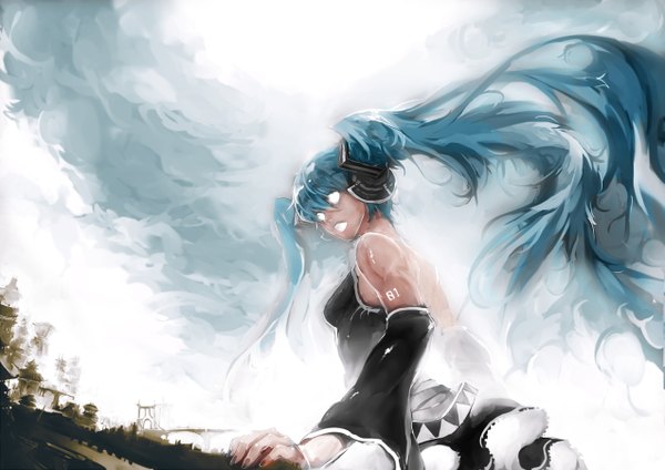 Anime picture 1273x900 with vocaloid hatsune miku kimahri215 single long hair open mouth twintails bare shoulders sky cloud (clouds) nail polish aqua hair blank eyes girl detached sleeves