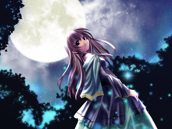 Anime picture 1600x1200 with club maniax naruse chisato single long hair fringe blue eyes hair between eyes brown hair standing night night sky girl plant (plants) tree (trees) moon