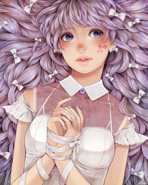 Anime picture 1400x1748 with original 29kiccyo single long hair tall image blush fringe blue eyes signed looking away purple hair nail polish bound hands girl dress bow ribbon (ribbons) hair bow earrings