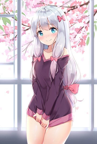 Anime picture 708x1048 with eromanga sensei a-1 pictures izumi sagiri douya (233) single long hair tall image looking at viewer blush fringe blue eyes light erotic smile standing bare shoulders silver hair bare legs embarrassed thigh gap cherry blossoms