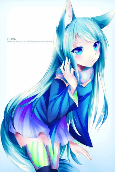 Anime picture 600x900 with original fukune single tall image blush blue eyes simple background white background animal ears very long hair aqua hair girl thighhighs dress