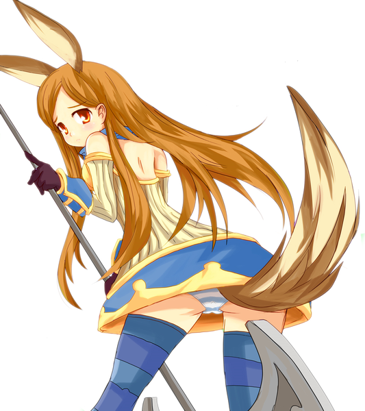 Anime picture 1000x1125 with tera online single long hair tall image light erotic brown hair white background brown eyes animal ears animal tail pantyshot girl thighhighs striped thighhighs axe