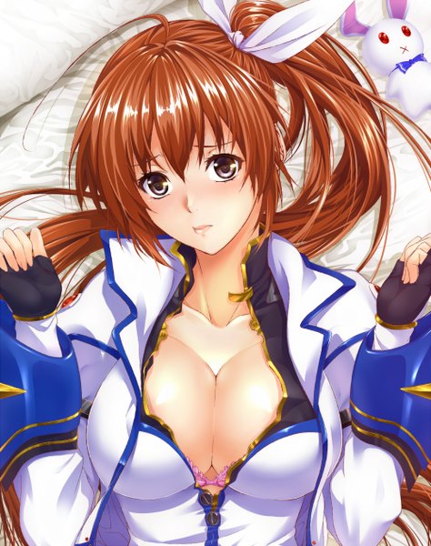 Anime picture 1000x1266 with mahou shoujo lyrical nanoha takamachi nanoha sacred heart zucchini single long hair tall image looking at viewer blush fringe breasts light erotic large breasts brown eyes cleavage ahoge ponytail lying from above orange hair