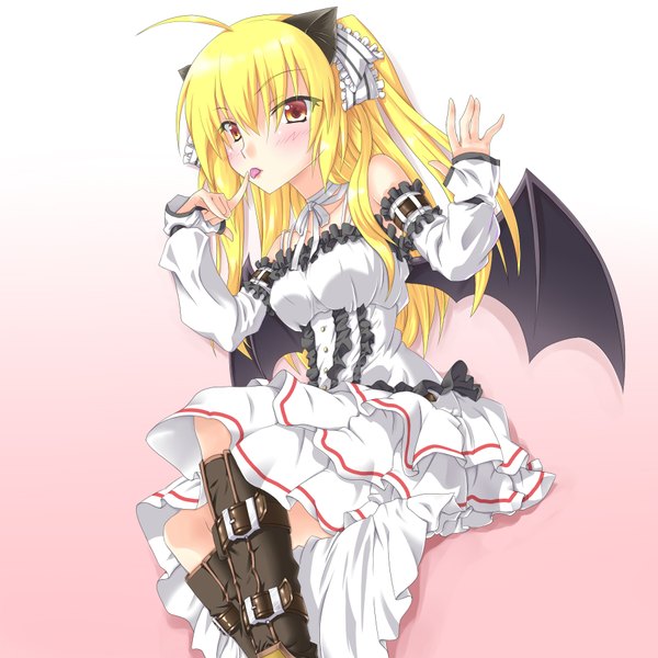 Anime picture 1800x1800 with yuto (dialique) single long hair blush highres simple background blonde hair animal ears yellow eyes cat ears girl dress detached sleeves wings