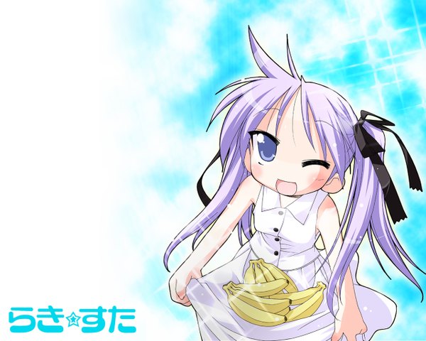 Anime picture 1280x1024 with lucky star kyoto animation hiiragi kagami yoshimizu kagami single long hair looking at viewer blush fringe open mouth blue eyes standing bare shoulders holding purple hair one eye closed inscription happy girl skirt