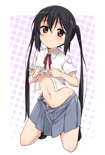 Anime picture 1181x1748 with k-on! kyoto animation nakano azusa mousou (mousou temporary) single long hair tall image blush light erotic black hair twintails brown eyes bare belly kneeling looking up undressing girl uniform school uniform