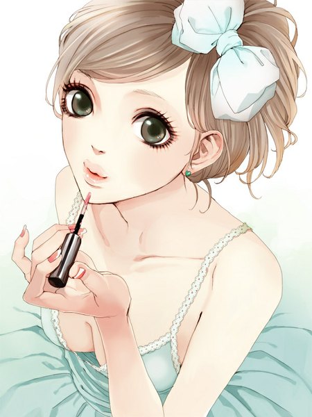 Anime picture 600x800 with original ma (893206) single tall image looking at viewer short hair simple background brown hair ponytail nail polish from above black eyes lipstick side ponytail makeup girl dress ribbon (ribbons) jewelry green dress