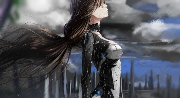 Anime picture 3645x2000 with original yishi de wangxiang single highres breasts brown hair wide image sky upper body outdoors very long hair profile wind wet low ponytail rain hair over eyes girl bodysuit water drop