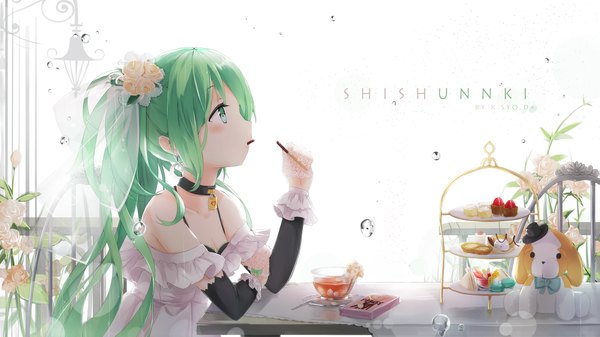 Anime picture 2039x1147 with vocaloid hatsune miku asahi kuroi single long hair blush fringe highres wide image sitting twintails bare shoulders green eyes looking away hair flower green hair text eating revision girl