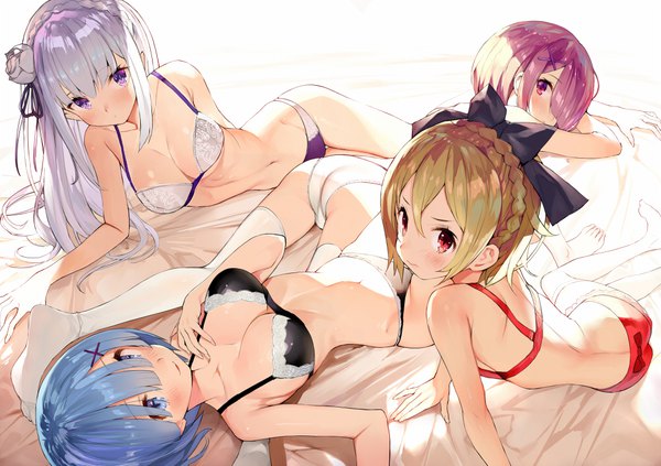 Anime picture 1000x706 with re:zero kara hajimeru isekai seikatsu white fox rem (re:zero) emilia (re:zero) ram (re:zero) felt (re:zero) gaou (umaiyo puyoman) long hair looking at viewer fringe short hair breasts blue eyes light erotic large breasts purple eyes multiple girls blue hair pink hair silver hair