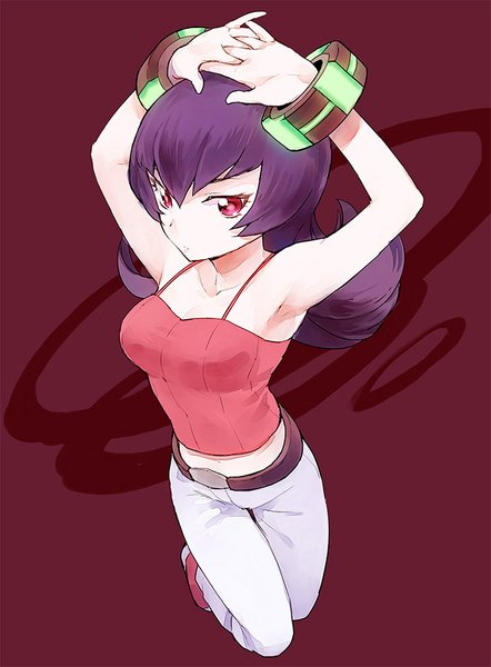 Anime picture 650x882 with pokemon pokemon heartgold and soulsilver nintendo sabrina (pokemon) kurochiroko single long hair tall image simple background red eyes bare shoulders looking away purple hair from above arms up armpit (armpits) red background jumping girl bracelet
