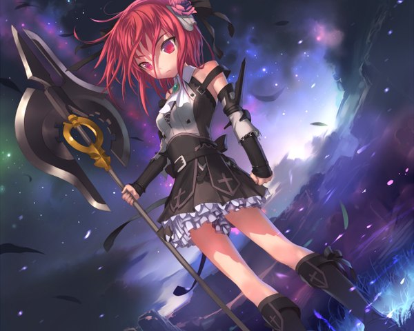 Anime picture 1280x1024 with uni (plastic girl) red eyes sky red hair gothic spear