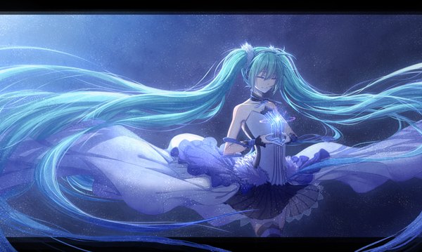 Anime picture 1670x1000 with 7th dragon 7th dragon 2020 vocaloid hatsune miku arsh single wide image twintails bare shoulders eyes closed very long hair aqua hair girl dress headphones