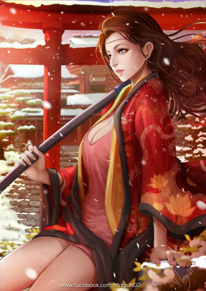 Anime picture 700x990 with original magion02 single long hair tall image blue eyes brown hair traditional clothes japanese clothes lips realistic arm support snowing snow girl weapon plant (plants) sword tree (trees) belt
