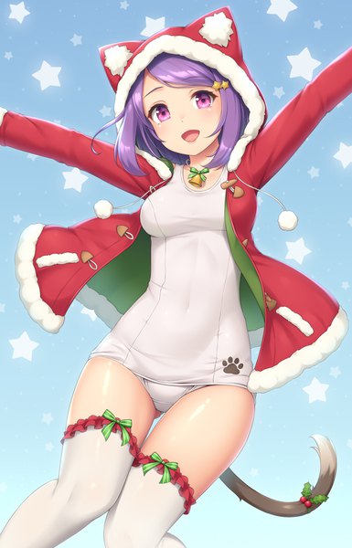 Anime picture 700x1090 with original sasaame single tall image looking at viewer short hair open mouth light erotic purple eyes purple hair tail animal tail cat tail covered navel ass visible through thighs christmas spread arms animal hood girl thighhighs