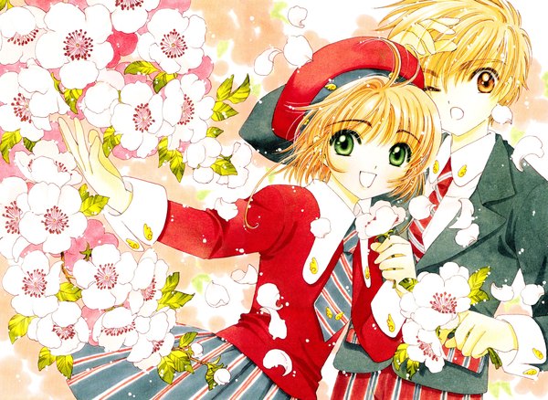 Anime picture 4382x3200 with card captor sakura clamp kinomoto sakura li xiaolang highres open mouth blonde hair brown hair holding brown eyes green eyes absurdres one eye closed wink official art couple cherry blossoms outstretched arm striped 90s