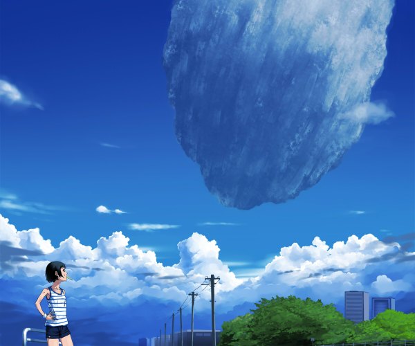 Anime picture 1200x1000 with original kawazu single short hair black hair sky cloud (clouds) sweat hand on hip mouth hold looking up girl food shorts sweets building (buildings) ice cream popsicle power lines