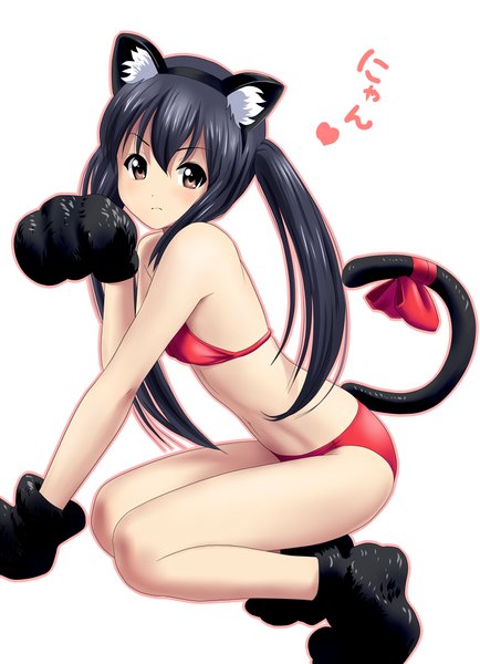 Anime picture 723x1000 with k-on! kyoto animation nakano azusa ponnetsu single long hair tall image light erotic black hair simple background white background twintails brown eyes animal ears tail animal tail cat ears cat girl cat tail girl
