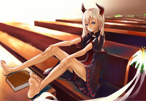 Anime picture 1076x742 with original imo (artist) single long hair looking at viewer blue eyes blonde hair sitting barefoot horn (horns) grin girl dress book (books)