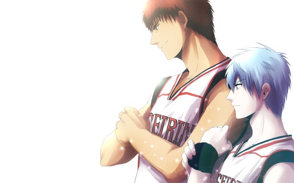 Anime picture 2400x1500 with kuroko no basket production i.g kuroko tetsuya kagami taiga nao to naru highres short hair blue eyes red eyes wide image white background blue hair red hair light smile multiple boys dark skin pale skin muscle boy uniform