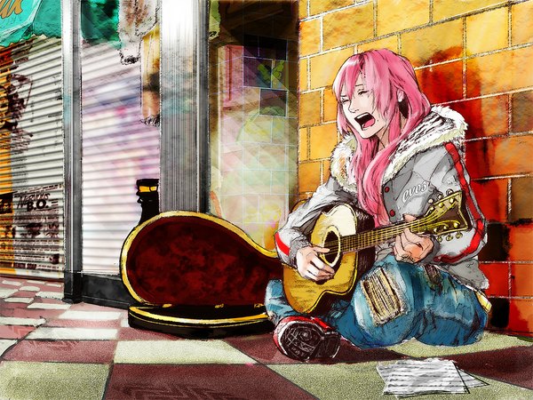 Anime picture 1024x768 with vocaloid megurine luka liran (iro) single long hair sitting pink hair outdoors mole checkered floor indian style casual street singing girl shoes coat musical instrument sneakers guitar