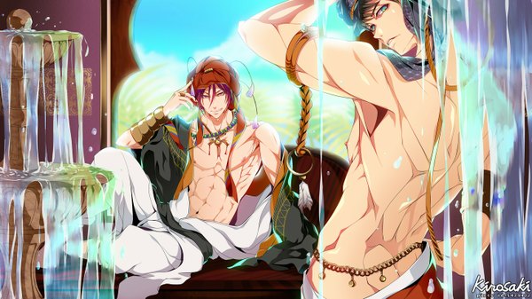 Anime picture 1440x810 with free! a-1 pictures kyoto animation matsuoka rin yamazaki sosuke sepherlutz (artist) looking at viewer short hair light erotic brown hair wide image standing sitting green eyes pink hair red hair traditional clothes pink eyes looking back arm up
