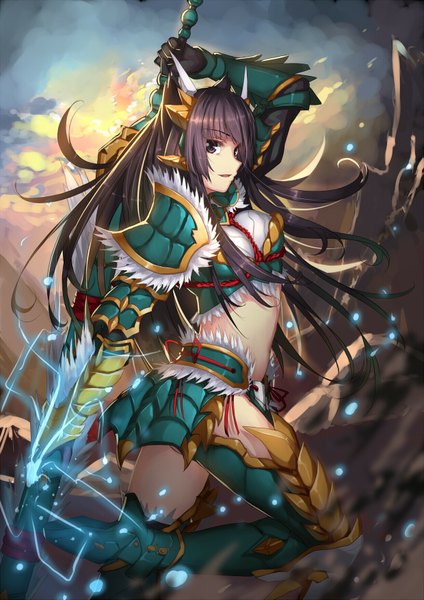 Anime picture 1240x1753 with monster hunter portable 3rd musynexsk single long hair tall image black hair smile standing sky cloud (clouds) bent knee (knees) black eyes bare belly mountain girl weapon armor fur huge weapon