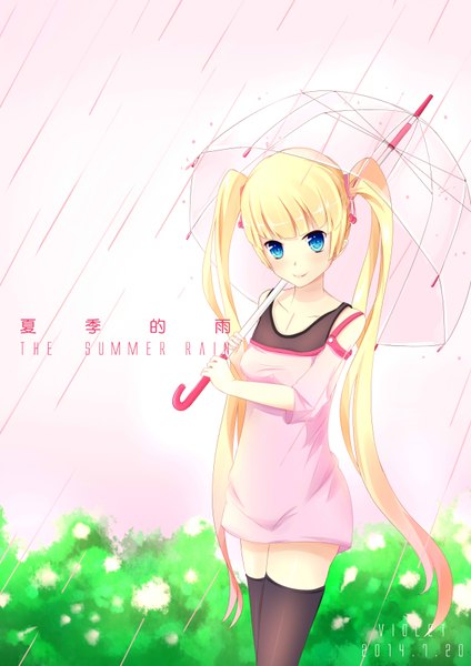 Anime picture 2480x3507 with original violet (eightonemini) violetsang single tall image looking at viewer highres blue eyes blonde hair twintails very long hair rain transparent umbrella girl thighhighs dress black thighhighs umbrella