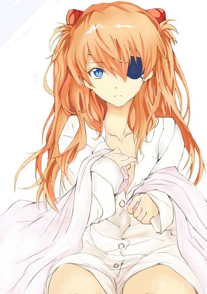 Anime picture 678x959 with neon genesis evangelion rebuild of evangelion evangelion: 3.0 you can (not) redo gainax soryu asuka langley badmilk single long hair tall image looking at viewer fringe blue eyes light erotic simple background hair between eyes white background sitting orange hair partially open clothes girl