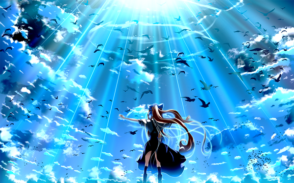 Anime picture 1280x800 with air key (studio) kamio misuzu skyt2 single long hair blonde hair wide image sky cloud (clouds) wind from behind sunlight spread arms landscape scenic girl bow hair bow