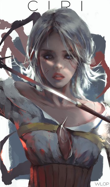 Anime picture 800x1354 with the witcher the witcher 3 wild hunt ciri wlop single tall image short hair open mouth red eyes purple eyes signed looking away silver hair multicolored hair lips character names facial mark gradient hair sheathed clenched teeth
