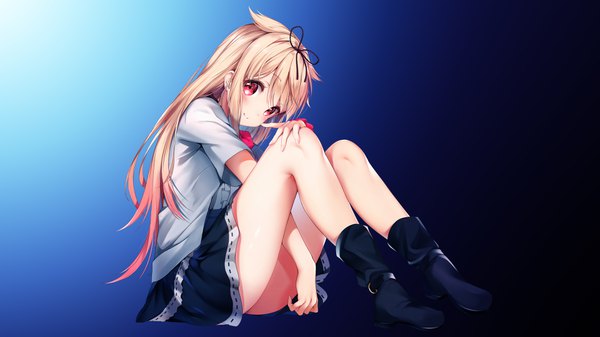 Anime picture 3840x2160 with kantai collection yuudachi destroyer assassinwarrior nyum single long hair looking at viewer blush fringe highres light erotic blonde hair simple background smile red eyes wide image sitting signed payot absurdres