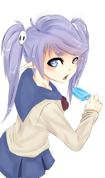 Anime picture 2408x4092 with original tagme (artist) single long hair tall image looking at viewer blush highres open mouth blue eyes simple background white background twintails purple hair looking back pointy ears mole mole under eye elf girl