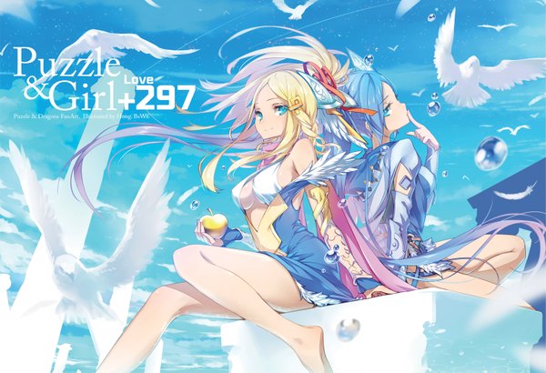 Anime picture 1580x1080 with puzzle & dragons hong (white spider) long hair looking at viewer breasts blue eyes light erotic blonde hair sitting multiple girls blue hair pink hair braid (braids) multicolored hair barefoot inscription no bra finger to mouth gradient hair back to back