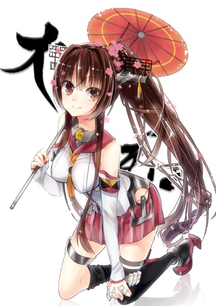 Anime picture 1191x1684 with kantai collection yamato super battleship tika (mika4975) single long hair tall image looking at viewer blush simple background smile brown hair white background sitting bare shoulders brown eyes ponytail hair flower kneeling cherry blossoms girl