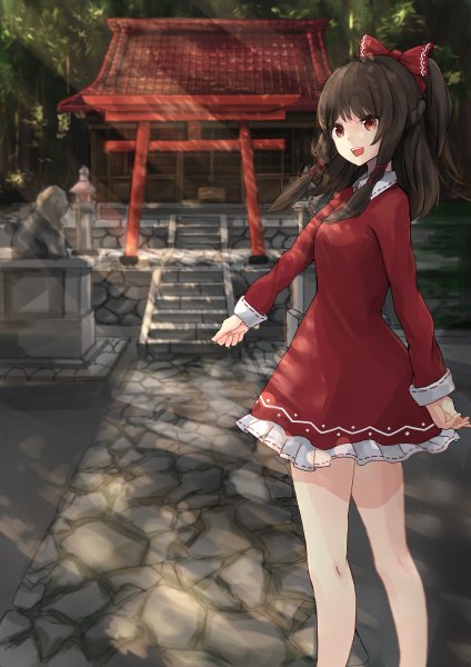 Anime picture 848x1200 with touhou hakurei reimu akira (mr akira) single long hair tall image looking at viewer fringe breasts open mouth red eyes brown hair standing ponytail looking back sunlight alternate costume legs happy sunbeam