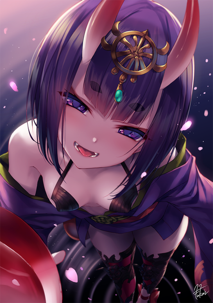 Anime picture 750x1065 with fate (series) fate/grand order shuten douji (fate) fukai ryosuke single tall image blush fringe short hair breasts light erotic smile standing purple eyes signed cleavage purple hair traditional clothes head tilt japanese clothes