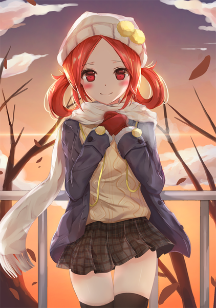 Anime picture 600x852 with original muna pe single tall image looking at viewer blush short hair smile red eyes payot sky cloud (clouds) pleated skirt sunlight orange hair zettai ryouiki thigh gap lens flare hand on chest evening