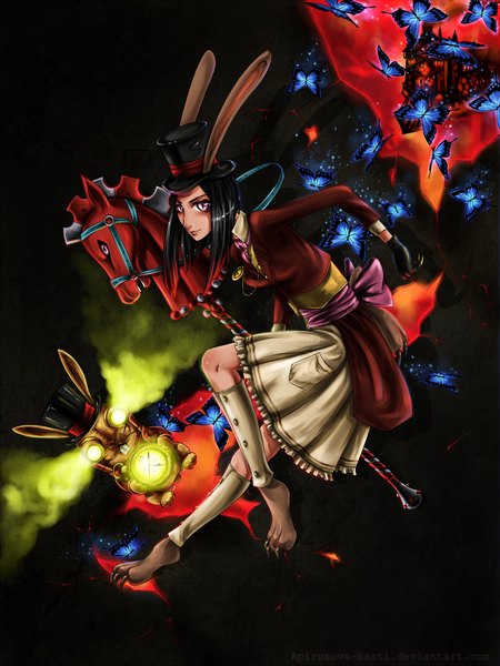 Anime picture 1800x2400 with alice in wonderland american mcgee's alice (game) alice: madness returns alice (wonderland) basti rin tall image highres black hair animal ears light smile bunny ears bunny girl crack girl dress gloves bow weapon hat insect