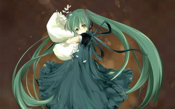 Anime picture 1680x1050 with vocaloid hatsune miku single long hair blush wide image twintails green eyes green hair loli hug girl dress pillow