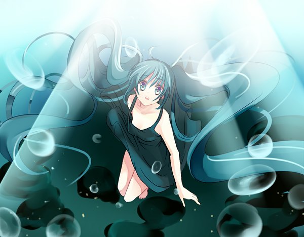 Anime picture 1162x908 with vocaloid hatsune miku kurabayashi single long hair open mouth twintails bare shoulders green eyes barefoot green hair from above looking up underwater girl sundress bubble (bubbles)