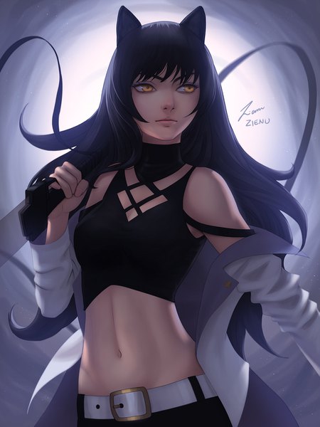 Anime picture 1024x1365 with rwby rooster teeth blake belladonna zienu single long hair tall image fringe black hair bare shoulders signed animal ears yellow eyes looking away upper body cat ears midriff girl navel weapon